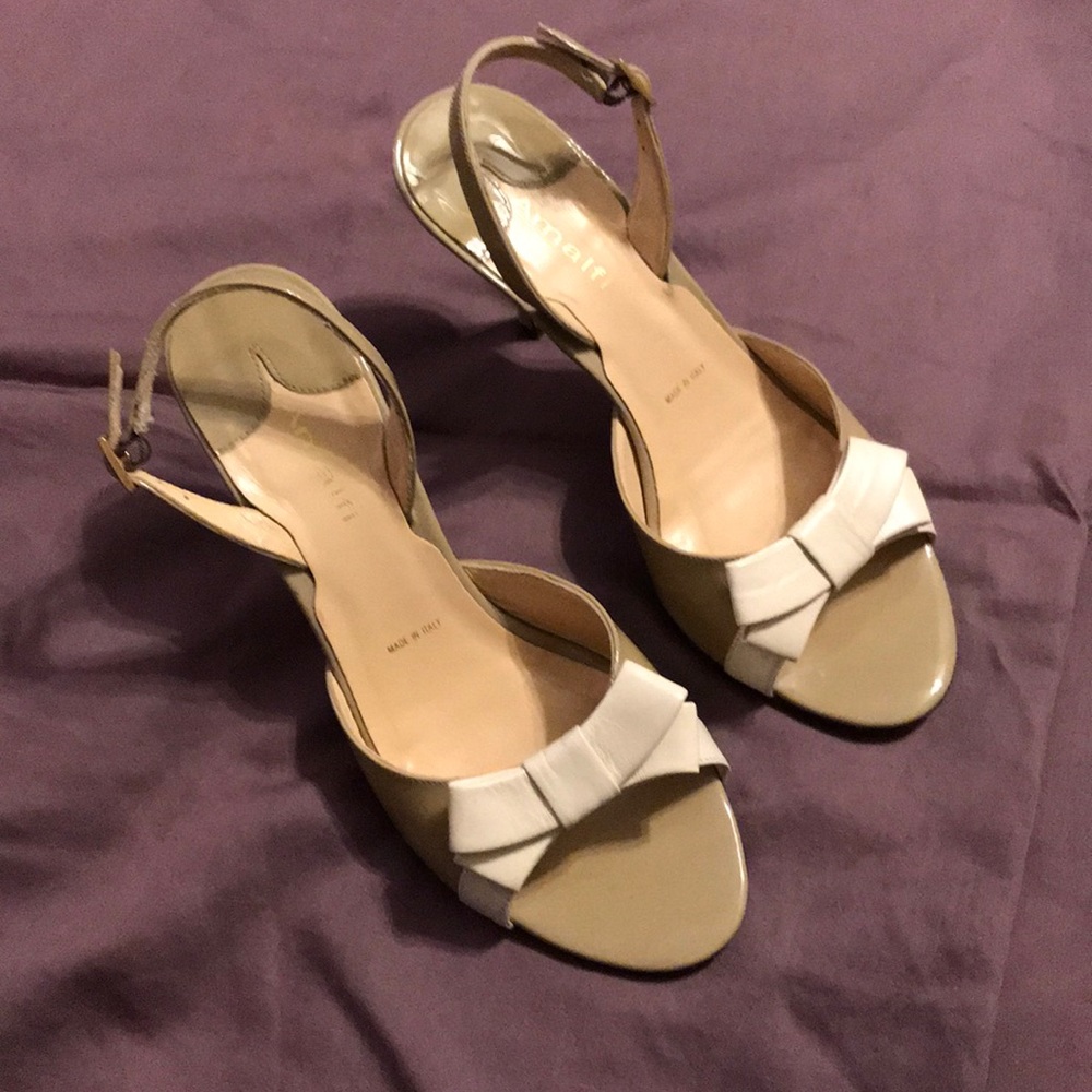 White and tan Amalfi heels